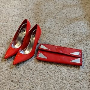 Lilli L red faux leather heels w/ clutch